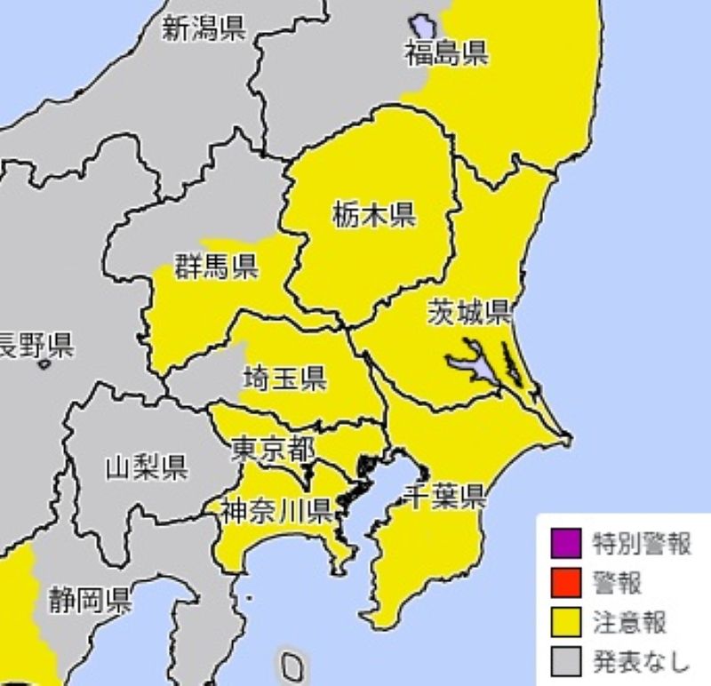 強風注意報が発表されているエリア（28日、気象庁HPから）