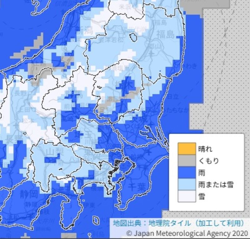 今夜の雪と雨（3日午後9時～4日午前0時の予想）＝気象庁HPから（3日午前5時発表）