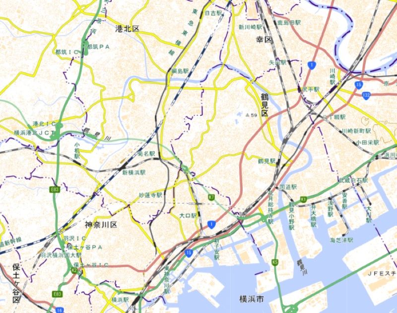 横浜―新川崎間の位置（国土地理院HPから）