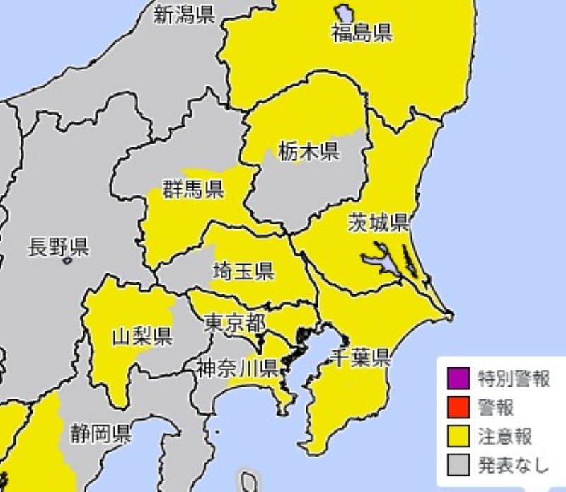 強風注意報が発表されているエリア（5日、気象庁HPから）