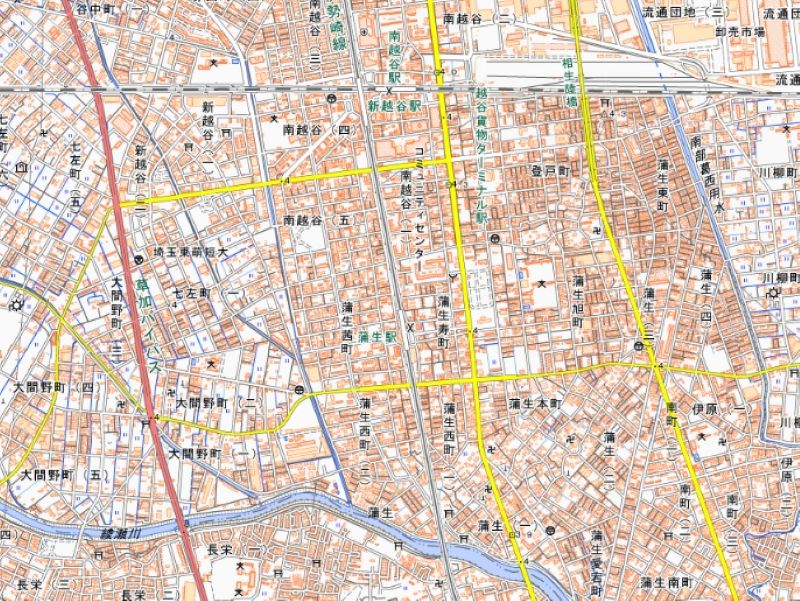 埼玉県越谷市蒲生寿町の位置（地図中央付近）＝国土地理院HPから