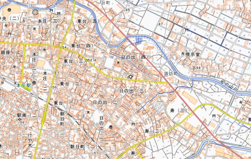 本庄市日の出1丁目、日の出2丁目、寿3丁目の位置（国土地理院HPから）