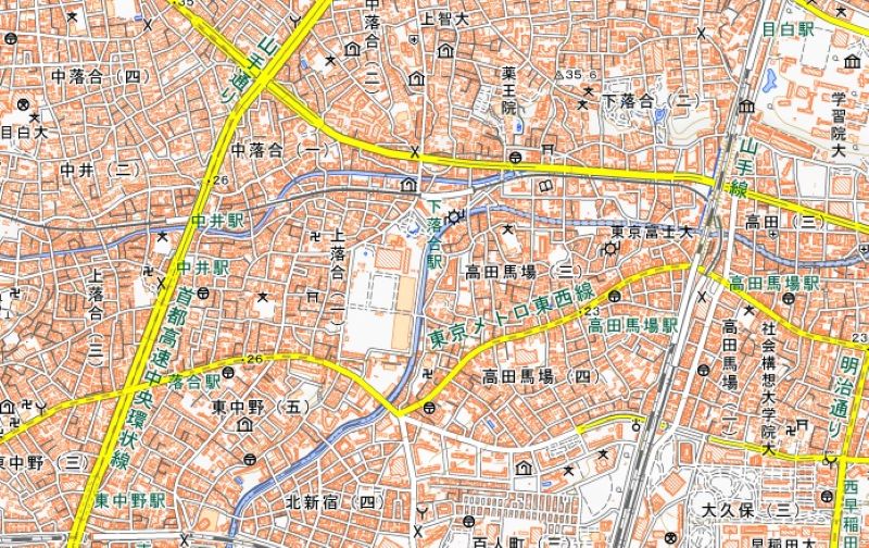 西武新宿線・下落合―中井駅間（国土地理院HPから）
