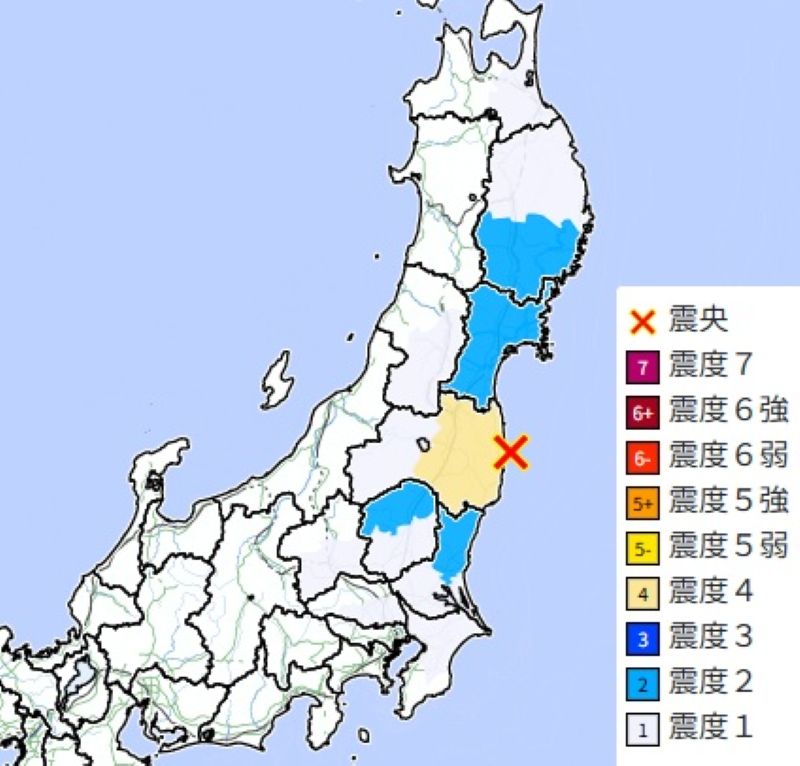 震源と震度分布（気象庁HPから）