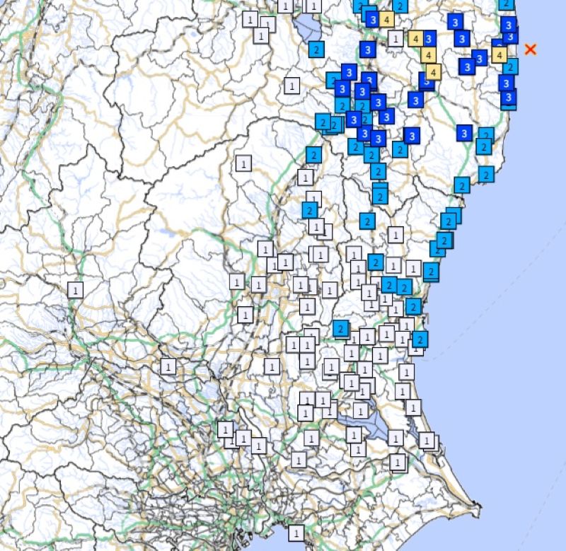 震源と関東各地の震度（気象庁HPから）