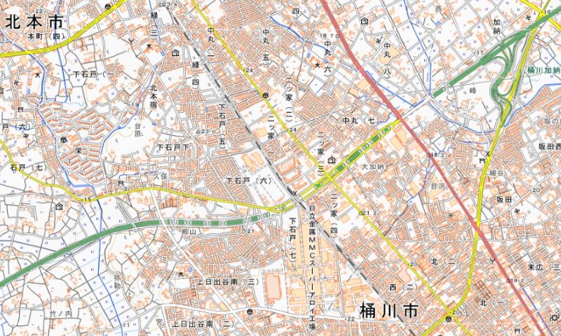 北本市二ツ家3丁目の位置（地図中央付近）＝国土地理院HPから