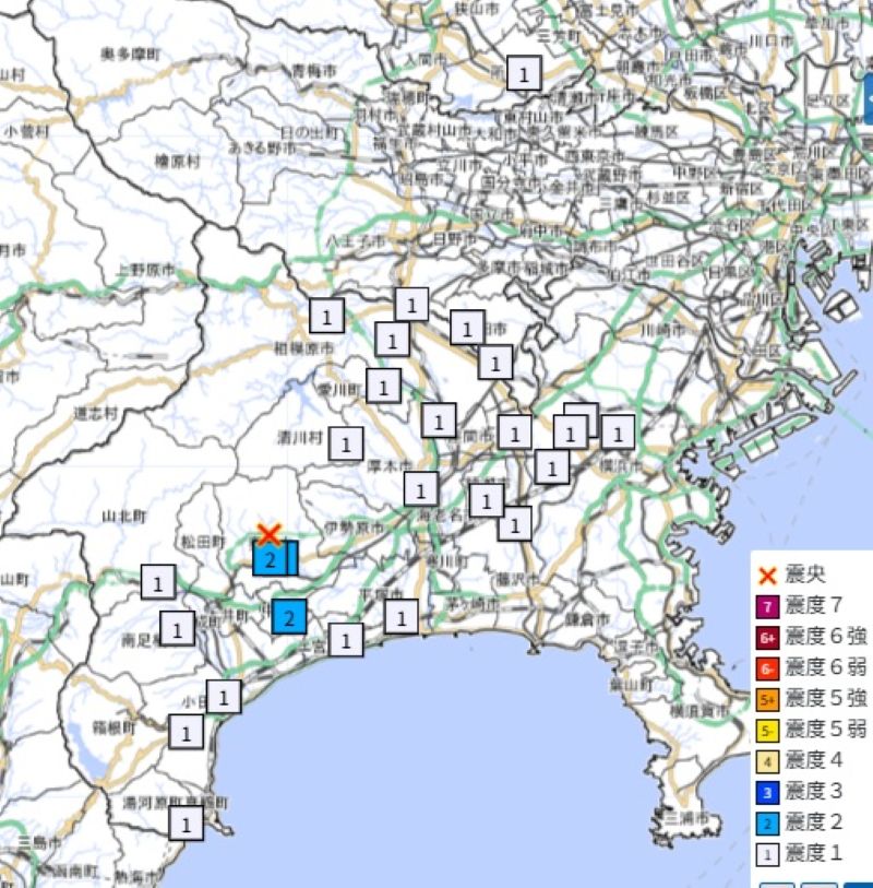 震源地と各都市の震度（14日午前11時、気象庁HPから）