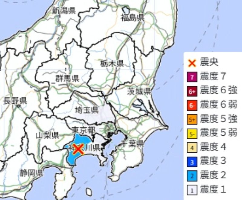 震源地と震度分布（14日午前11時、気象庁HPから）