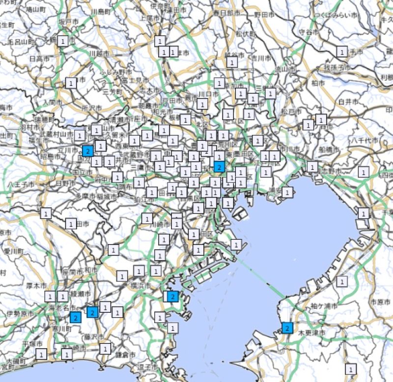 ★埼玉、東京と周辺都市の震度（16日午後8時38分ごろ）＝気象庁HPから