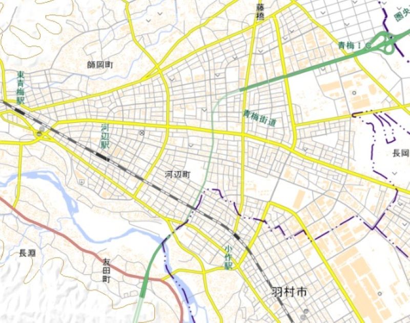 青梅トンネル（地図中央付近）＝国土地理院HPから