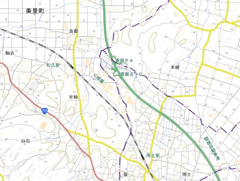 寄居町用土と寄居PA付近の位置（国土地理院HPから）