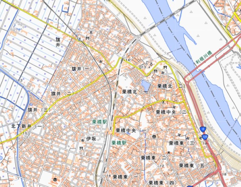 加須市旗井、旗井1～3丁目の位置（国土地理院HPから）