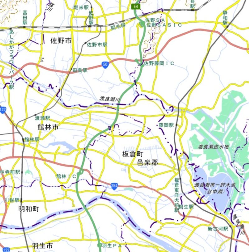 佐野SA・スマートIC付近と館林ICの位置（国土地理院HPから）