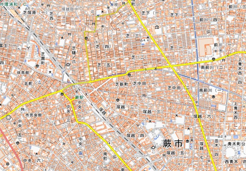 川口市芝新町の位置（地図中央付近）＝国土地理院HPから