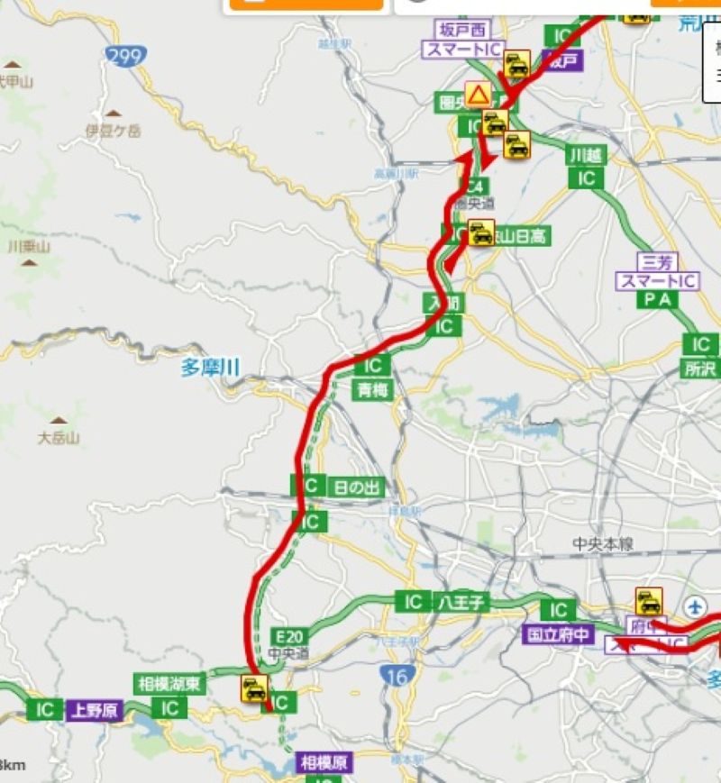 相模原IC―圏央鶴ケ島ICの位置。赤いラインが渋滞区間（26日午前9時52分、NEXCO東日本ドライブトラフィックから）