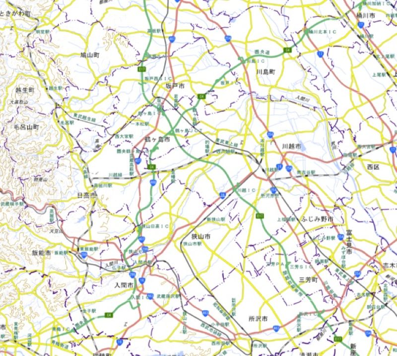 桶川加納IC―青梅ICの周辺図（国土地理院HPから）