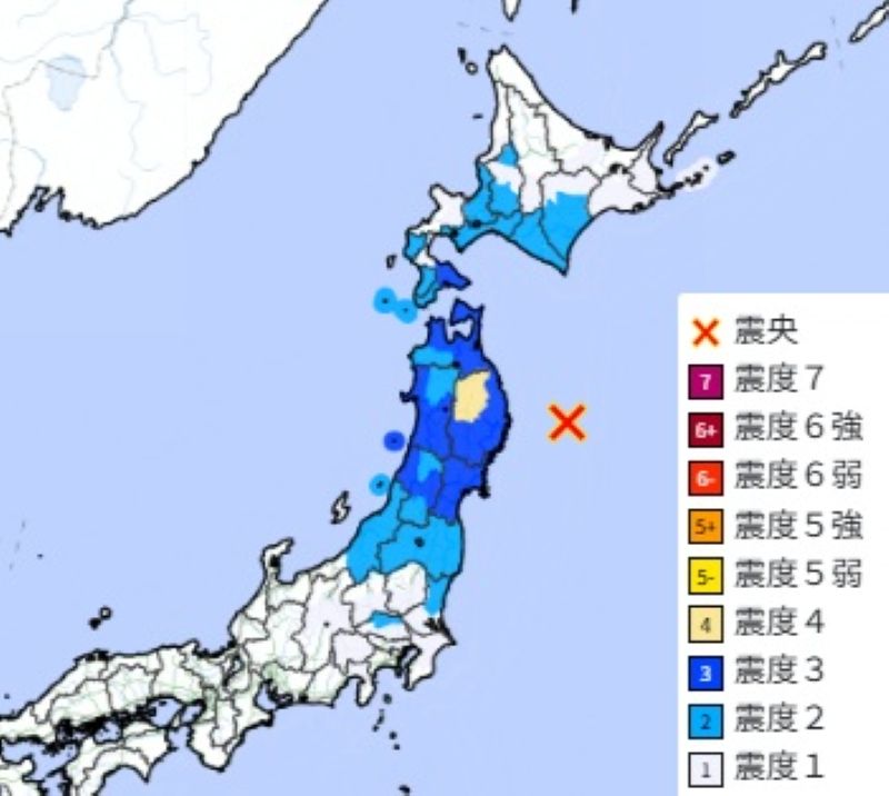 震源地と震度分布