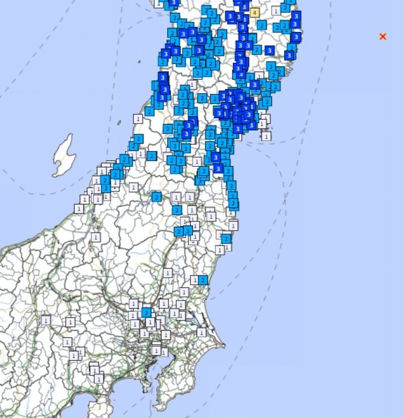 震源と関東各地の揺れ（気象庁HPから）