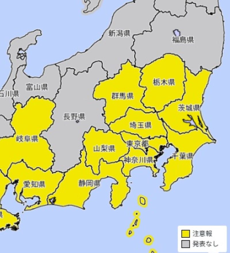 雷注意報が発表されているエリア（29日、気象庁HPから）