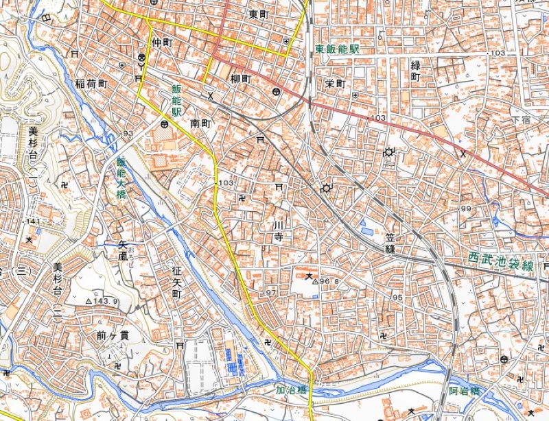飯能市川寺の位置（地図中央付近）＝国土地理院HPから