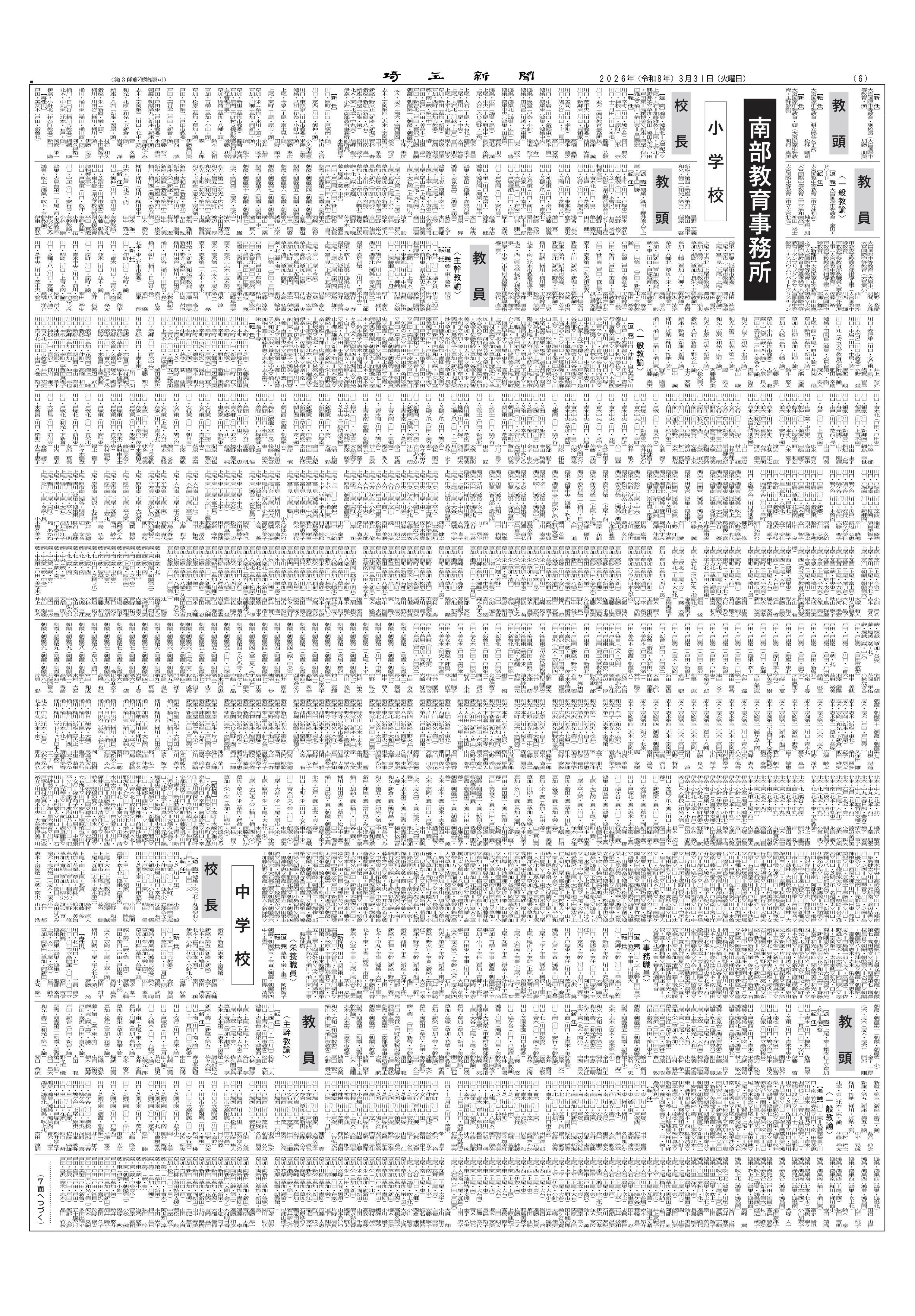 6面‐さいたま市教員続き＝右上の数十行＝。 県公立学校教職員異動-南部教育事務所（小学校・中学校）
