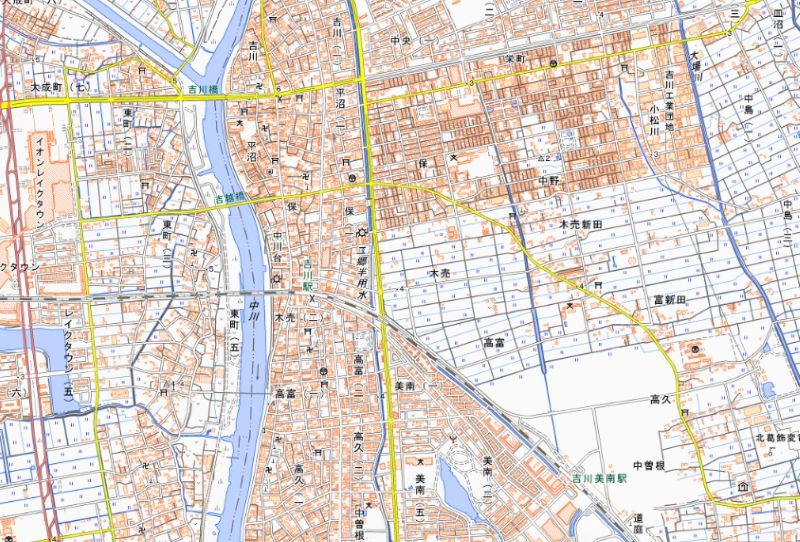 吉川市木売、高富、富新田、保、木売新田、高久、中曽根、中野の周辺（国土地理院HPから）