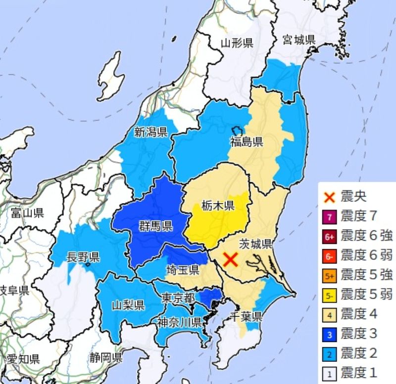 震源地と震度分布（1日午前10時6分、気象庁HPから）