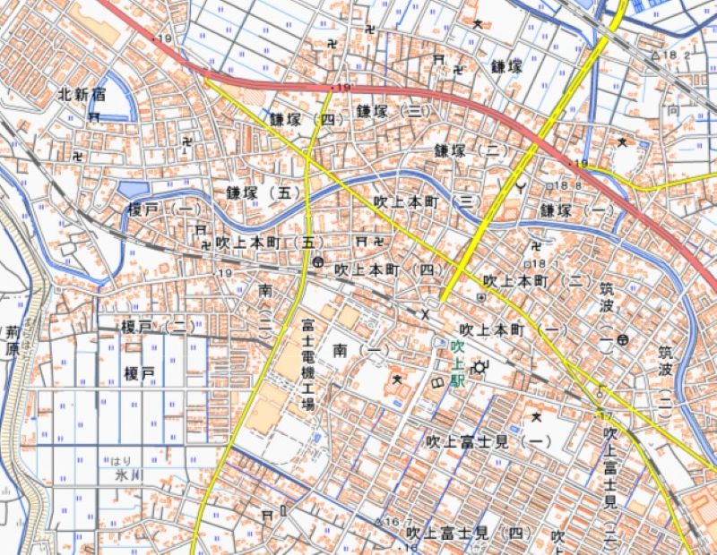 鴻巣市榎戸、大芦、荊原、南1・2丁目、榎戸2丁目、北新宿の周辺＝国土地理院HPから