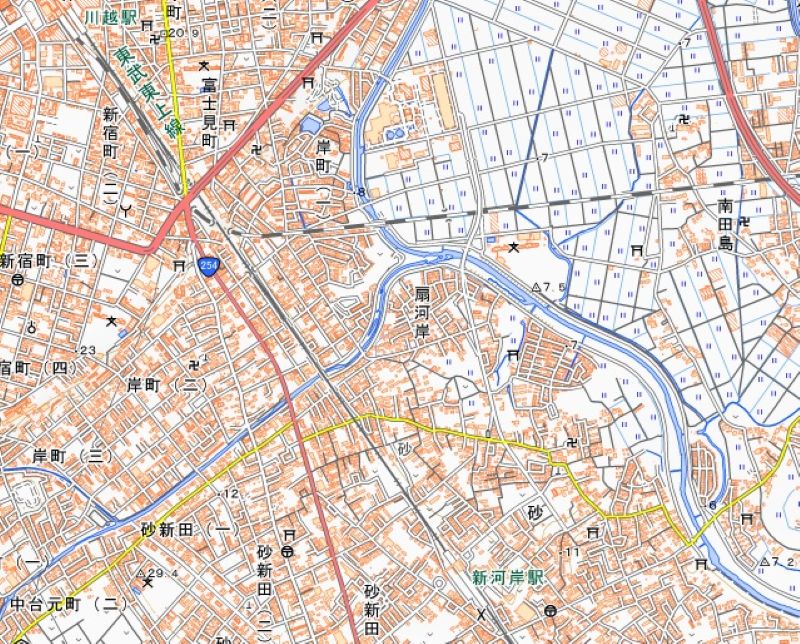 川越市砂、岸町1丁目、扇河岸の位置（国土地理院HPから）