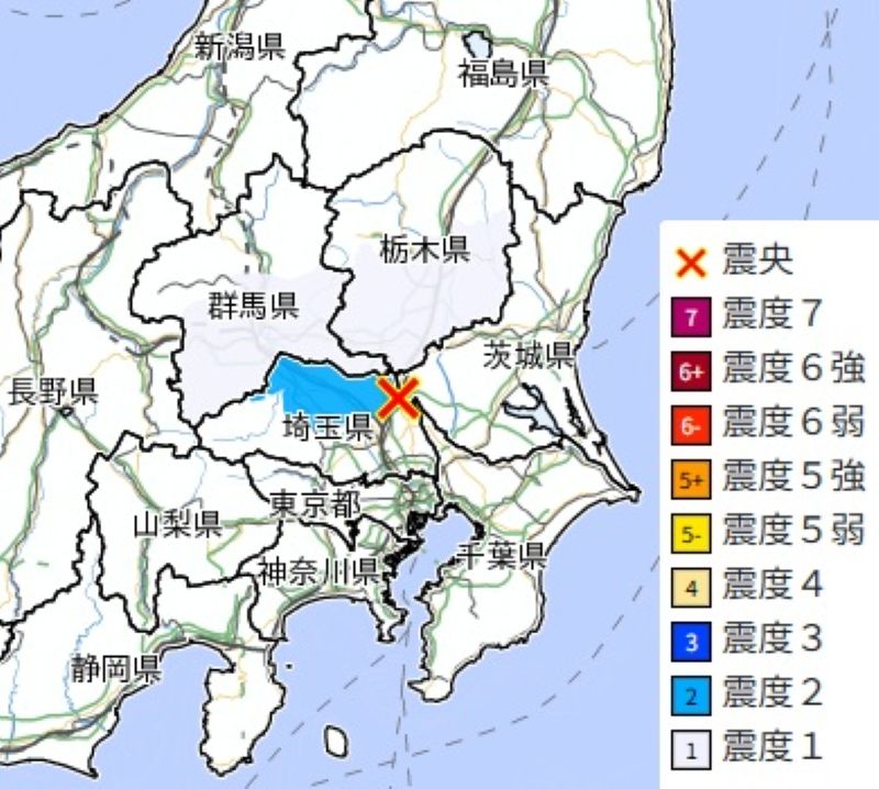震源地と震度分布（2日午前1時28分ごろ）＝気象庁HPから