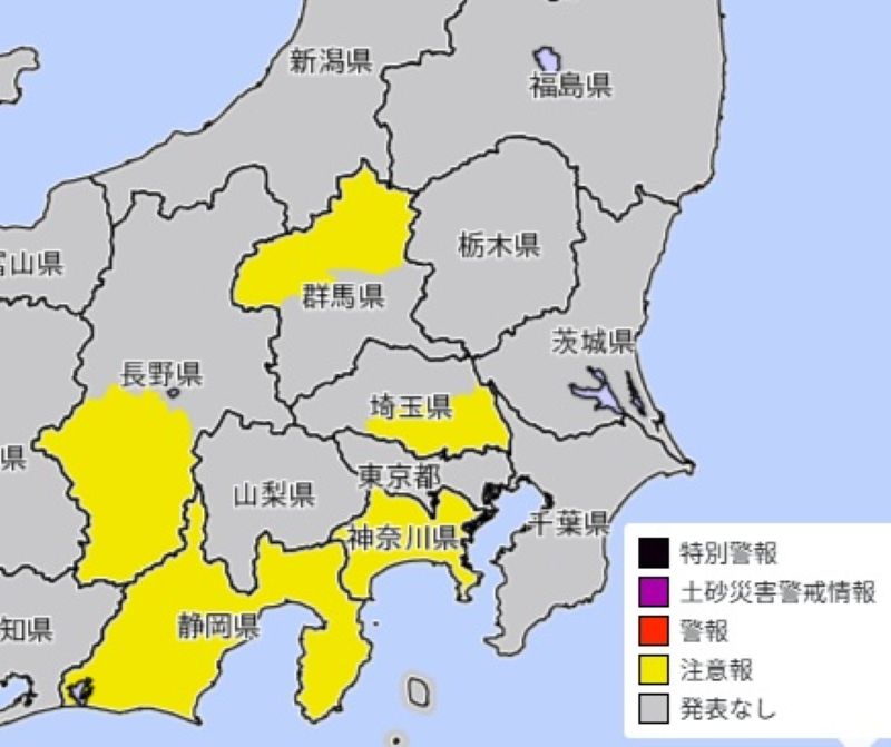 大雨注意報（土砂災害）が発表されているエリア（2日午前2時3分）＝気象庁HPから