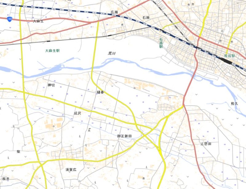 熊谷市押切、成沢、御正新田、須賀広、樋春地区の位置（国土地理院HPから）