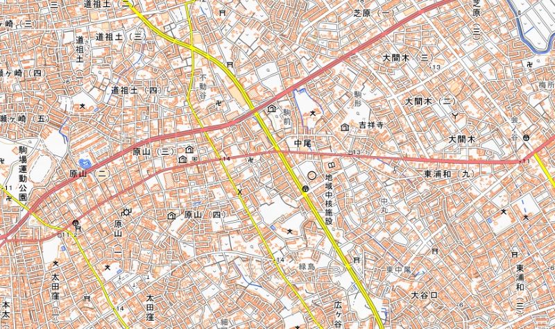 第二産業道路、さいたま市緑区の緑区役所南付近（地図中央付近）＝国土地理院HPから