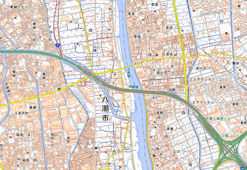 カインズ八潮店の周辺＝八潮市八條（国土地理院HPより）