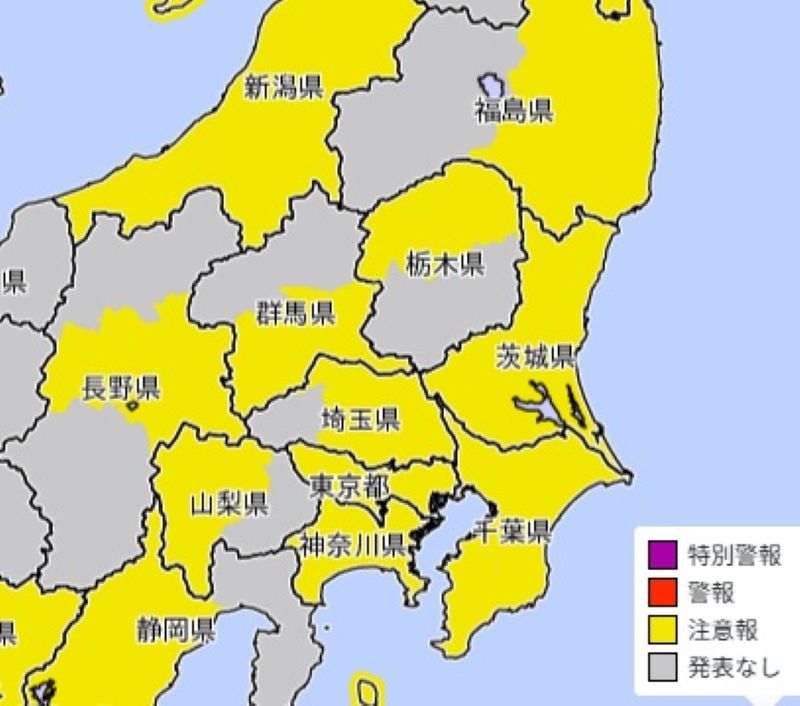 強風注意報が発表されているエリア（7日午後9時28分、気象庁HPから）