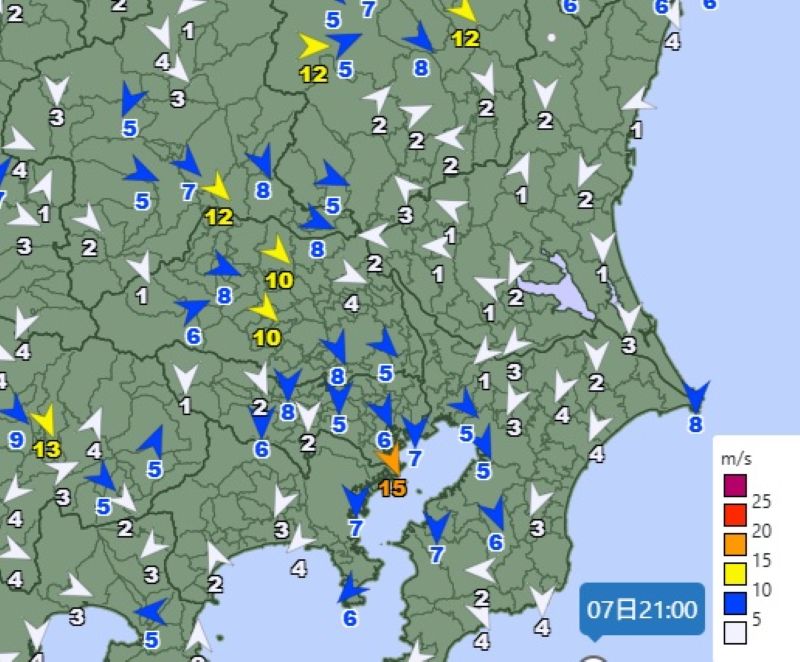 関東各地の風速と風向（7日午後9時、気象庁HPから）