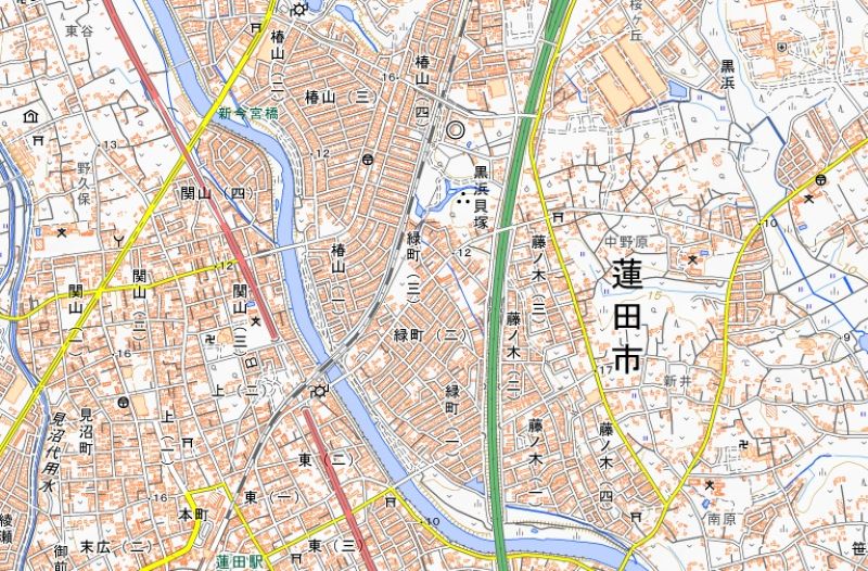 停電が発生している蓮田市黒浜、椿山、藤ノ木地区などの位置（国土地理院HPから）
