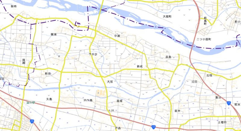 深谷市中瀬の位置（地図中央上部）＝国土地理院HPから