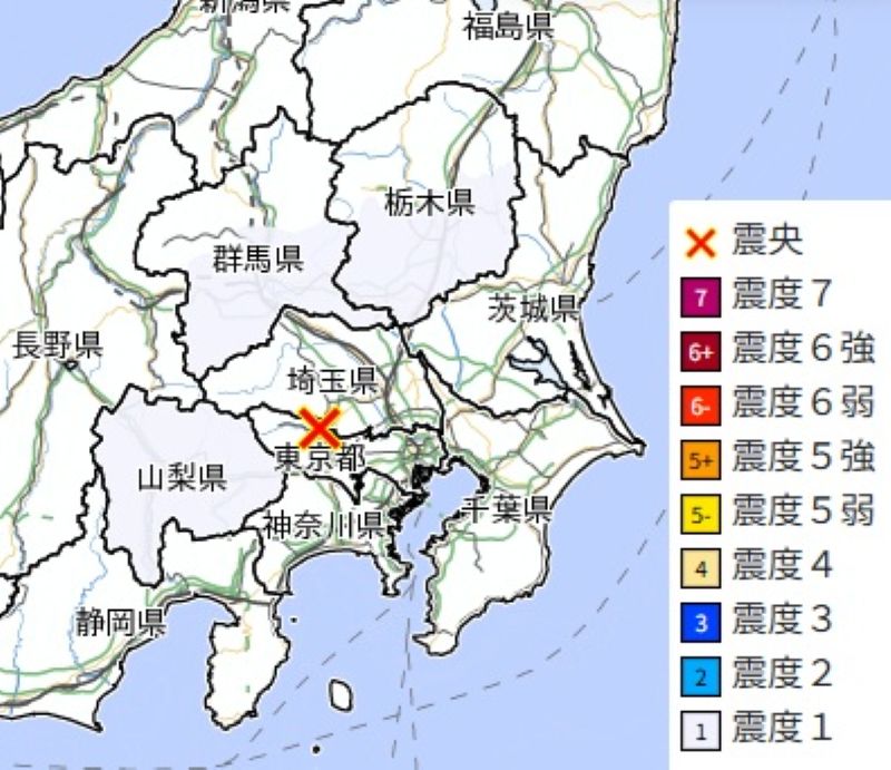 震源と震度分布（８日午後9時13分ごろ、気象庁HPから）