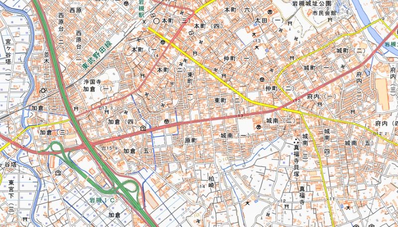 さいたま市岩槻区城南1丁目、3丁目の位置（地図中央右側）＝国土地理院HPから