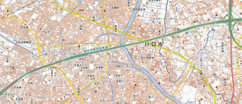 国道298号（内回り）、川口市岸川中学校付近の位置（地図中央）＝国土地理院HPから
