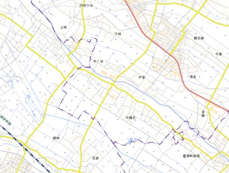 加須市上崎、西ノ谷、内田ケ谷、下崎、戸室、中ノ目付近（国土地理院HPから）