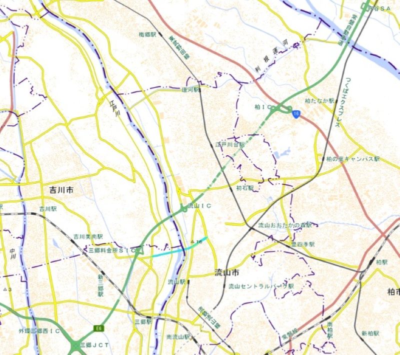 常磐道守谷SA（地図右上）―三郷JCT（地図左下）の位置＝国土地理院HPから