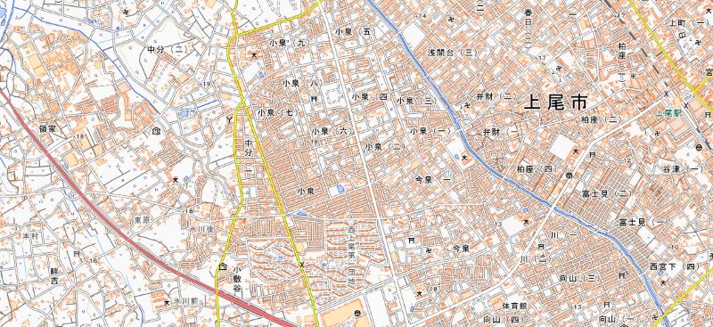 上尾市中分1丁目付近（地図中央左）＝国土地理院HPから
