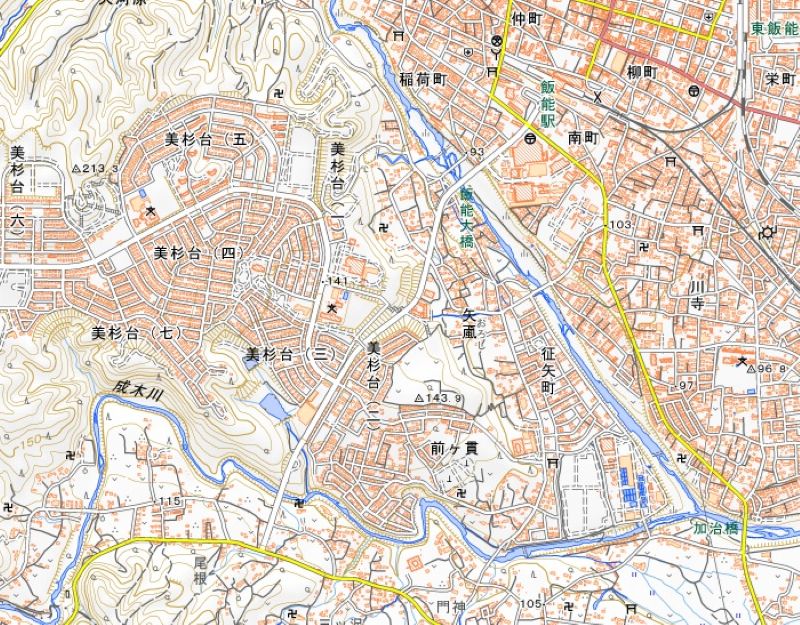 飯能市美杉台2丁目付近（地図中央付近）＝国土地理院HPから