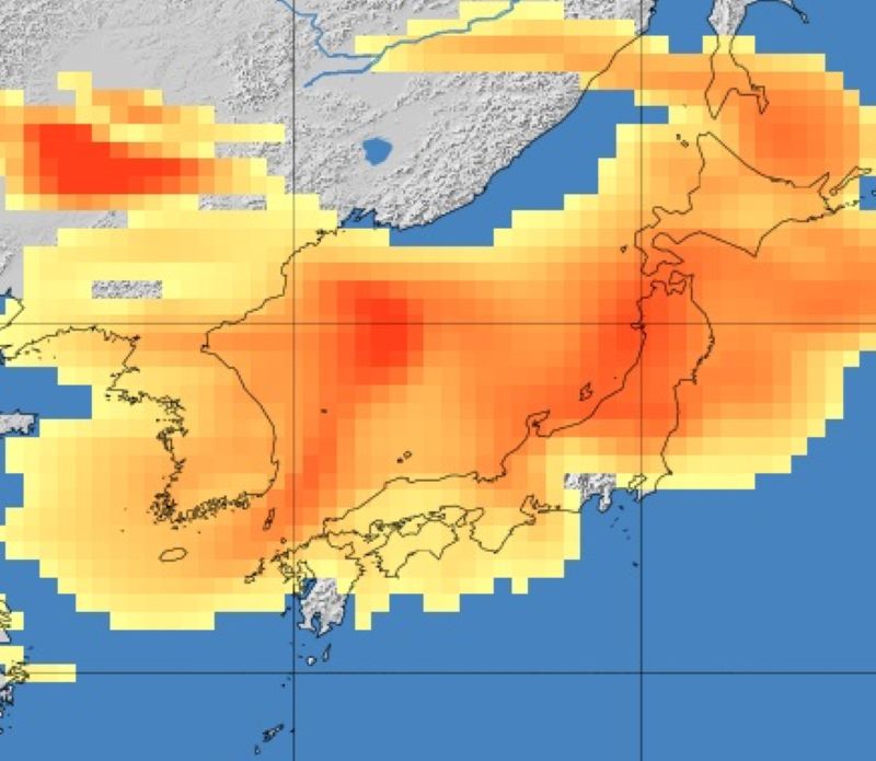 地表付近の黄砂の濃度（21日午後6時の予測）＝気象庁HPから