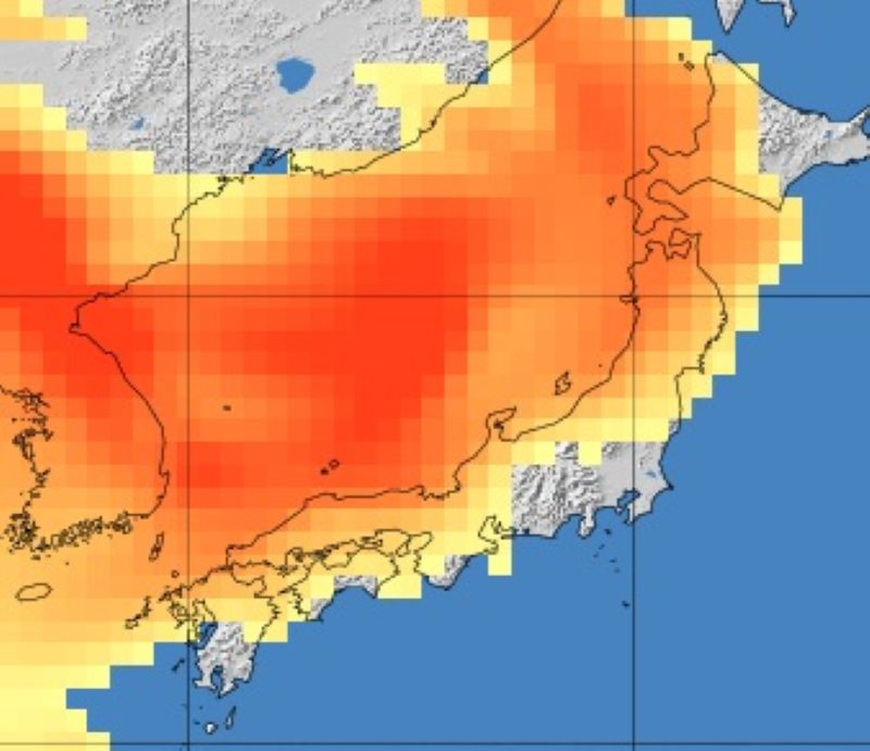 地表付近の黄砂の濃度（21日正午の予測）＝気象庁HPから
