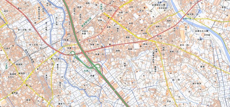 さいたま市岩槻加倉、並木、東町、原町、長宮とさいたま市見沼区新堤の位置＝国土地理院HPから