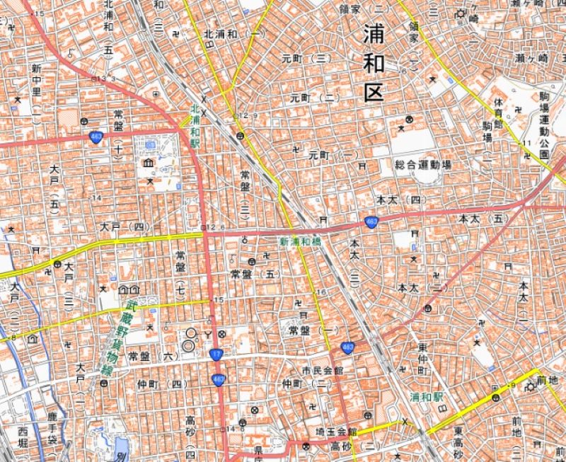 さいたま市浦和区常盤地区（地図中央左付近）＝国土地理院HPから