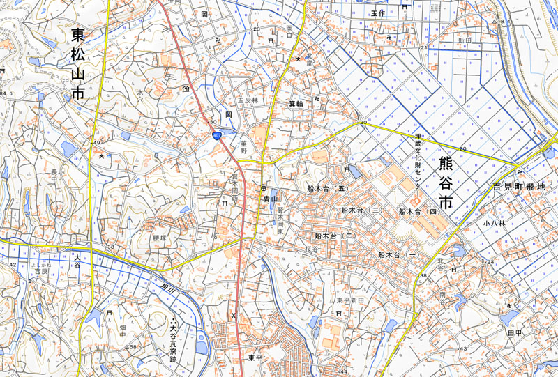 東松山市岡と大谷、熊谷市冑山の周辺（国土地理院HPより）